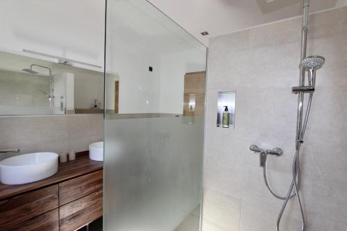 a bathroom with a shower with a glass door at Chalet Maria in Ochsengarten