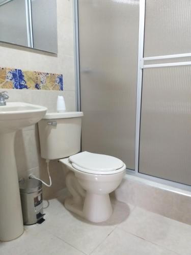 a white bathroom with a toilet and a shower at Alojamiento Campestre LA PASTORA in Salento