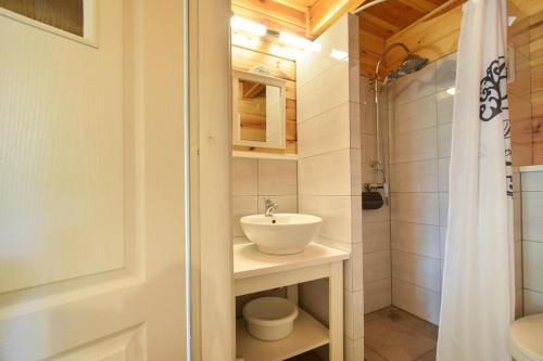 a bathroom with a sink and a toilet and a shower at Wilkowa Chata in Wilków