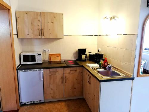 a small kitchen with a sink and a microwave at Ferienwohnung Oberlungwitz in Oberlungwitz