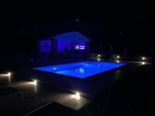 a large swimming pool with lights in the dark at Villa Santoma Hill in Koper