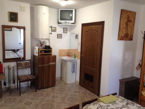 a bathroom with a sink and a tv on the wall at Family House Nichka in Pochayiv