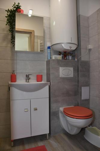 bagno con servizi igienici, lavandino e specchio di Menta Lak a Balatongyörök