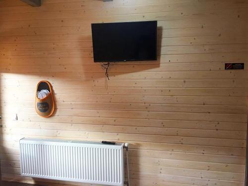a wall with a flat screen tv and a radiator at Вовкаль in Yablunytsya