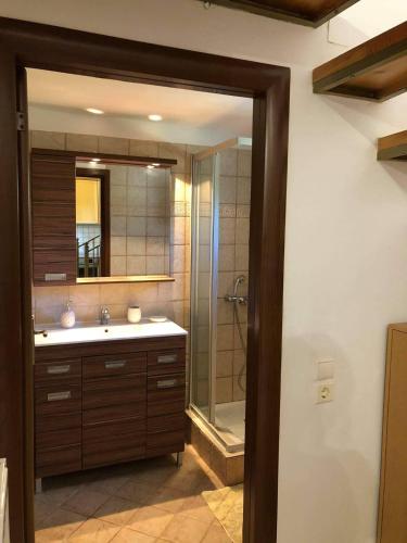 a bathroom with a shower and a sink and a mirror at BAREFOOT COTTAGE in Skiathos