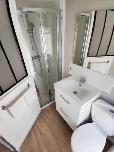a bathroom with a white sink and a shower at Charmant duplex 2 pièces hypercentre de Granville in Granville