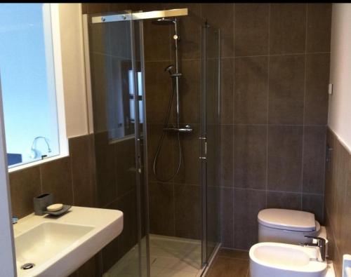 a bathroom with a shower and a toilet and a sink at Guesthouse Grand View in Malcesine