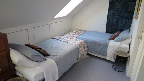 a bedroom with two beds and a skylight at Ruru Lodge in Tawharanui