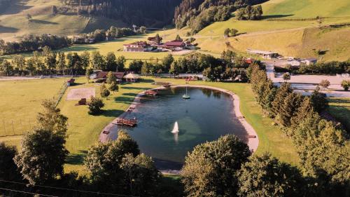 an aerial view of a lake with boats in it at Hotel Pichlmayrgut in Schladming