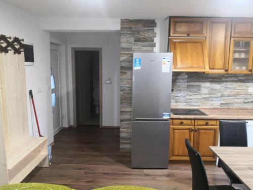 a kitchen with a refrigerator and wooden cabinets at Apartma Alja in Kranjska Gora