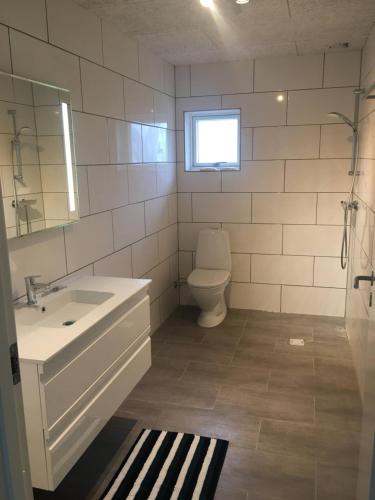 a bathroom with a sink and a toilet and a window at Emda Country living close to Legoland in Billund