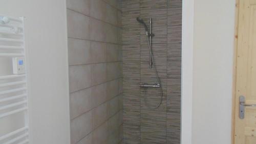 a shower in a bathroom with a brick wall at Appartement 52m2 - Location vacances Vosges in Belmont-sur-Buttant