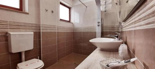 Hotel Carol في غرادو: حمام مع حوض ومرحاض