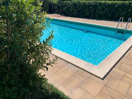 a swimming pool with blue water in a yard at Apartment Charme and Relax with Garden and Swimming Pool in Desenzano del Garda