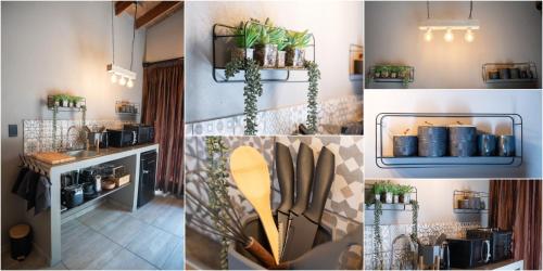 a collage of pictures of a kitchen with plants on a counter at Greenfields Guesthouse & Restaurant in Alberton