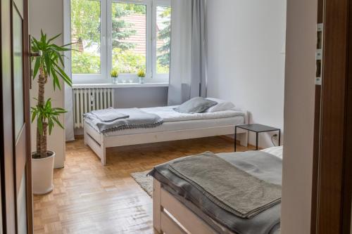 トルンにあるNest Comfort Toruńのベッドルーム1室(ベッド2台、窓付)