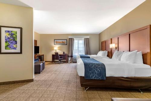 um quarto de hotel com uma cama grande e uma sala de estar em Comfort Suites Buda - Austin South em Buda