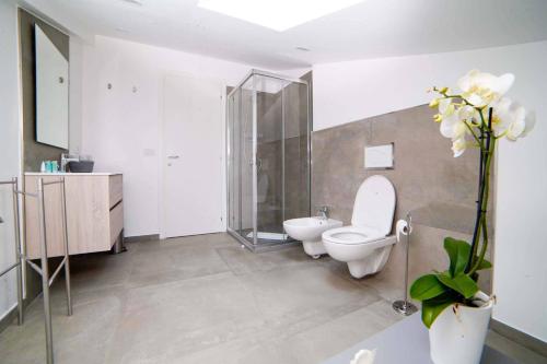 a bathroom with a toilet and a shower and a sink at B&B Luci di Stelle in Saluzzo