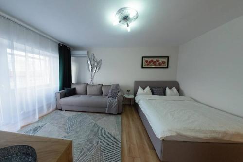 a bedroom with a bed and a couch at Studio with a view in city center in Târgovişte