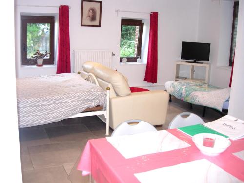 een kamer met een slaapkamer met een bed en een televisie bij La Quietude in Chaudfontaine