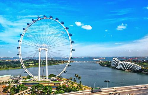 a large ferris wheel in front of a large river at Hotel Calmo Bugis in Singapore