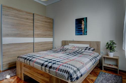 a bedroom with a large bed with a wooden headboard at Apartman Tara in Belgrade