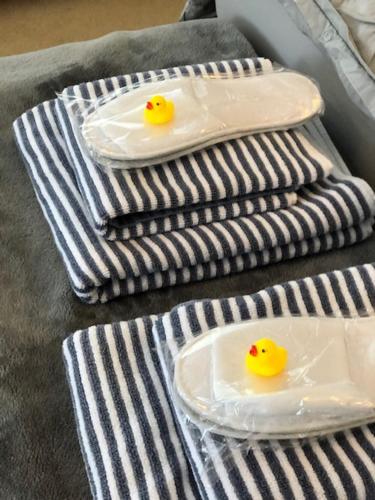 three rubber ducks are sitting on some towels at Little Haven in Dartmouth