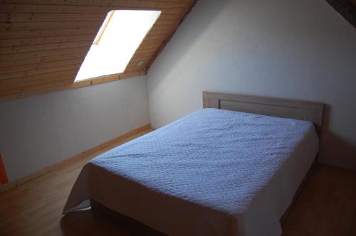 a bedroom with a large bed with a skylight at Maison de la Combe des Cives in Chapelle-des-Bois