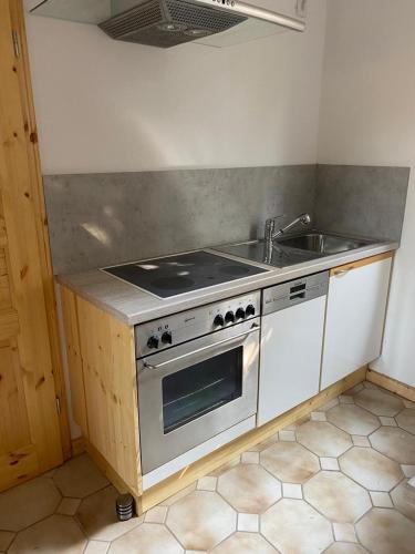 a kitchen with a stove and a sink at Ferienwohnung am grünen Band, Gretchen in Wittingen