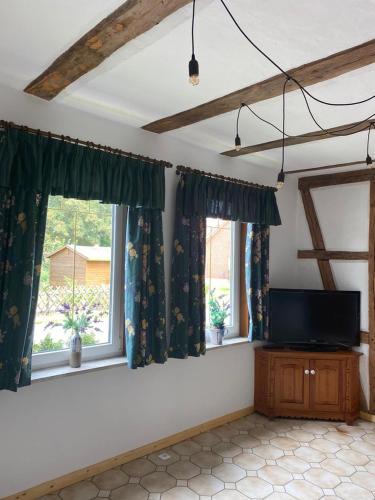 ein Wohnzimmer mit 2 Fenstern und einem Flachbild-TV in der Unterkunft Ferienwohnung am grünen Band, Gretchen in Wittingen