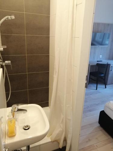 a bathroom with a sink and a shower at Pension Der Kretaner in Berlin