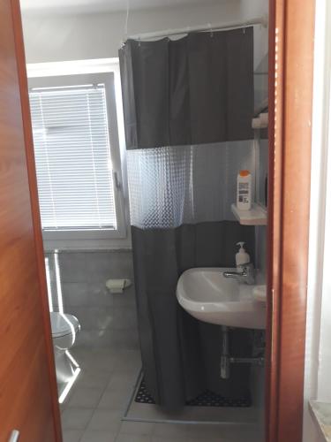 a small bathroom with a sink and a toilet at Hotel La Torretta in Foligno