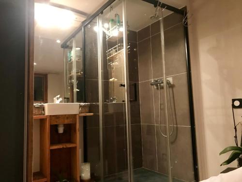 a glass shower in a bathroom with a sink at Amazing View appartement du Chalet in Les Houches