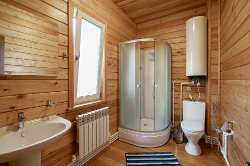 Dachniy Hotel Lesnyye Polyany في Mitino: حمام مع دش ومغسلة ومرحاض