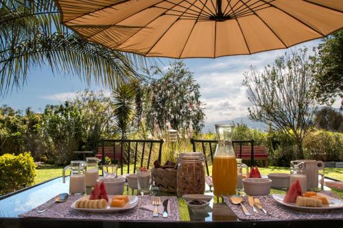 Ilatoa Lodge في كيتو: طاولة مليئة بأطباق الطعام ومظلة