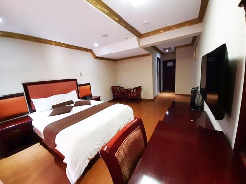 利馬的住宿－天鵝酒店，一间卧室配有一张大床和电视