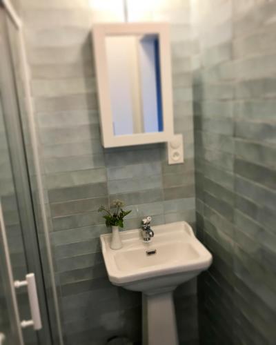 a bathroom with a sink and a mirror at Léhontine in Dinan