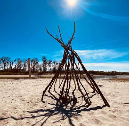 a sculpture on a beach with the sun behind it at Ferienwohnung Bellissima in Ering