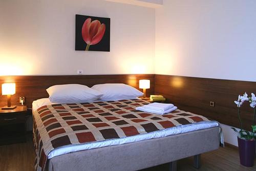 a bedroom with a large bed with two tables and two lamps at Sanatorium Stefan in Busko-Zdrój
