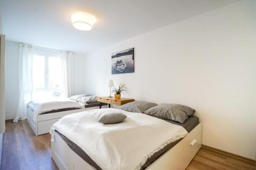 a bedroom with two beds and a window at ***Gemütliches Apartment im Zentrum-West*** in Leipzig