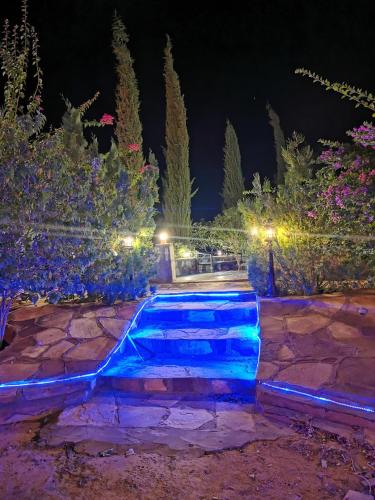 una piscina illuminata di notte in blu di Naseem Country House a Al Ula