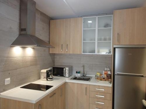 cocina con armarios de madera y nevera de acero inoxidable en Apartamento El Aljibe de la Luz, en Toledo