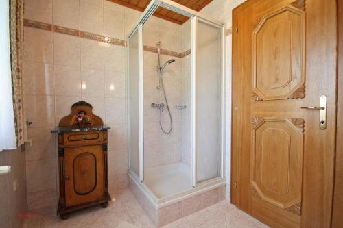 ein Bad mit einer Dusche und einer Glastür in der Unterkunft Almliesl TAXE-398 in Taxenbach