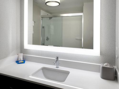 a bathroom with a sink and a large mirror at Holiday Inn Express Great Barrington by IHG in Great Barrington