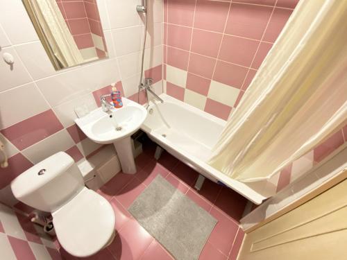 un bagno rosa con servizi igienici e lavandino di Apartment Levchenko 8 a Ufa