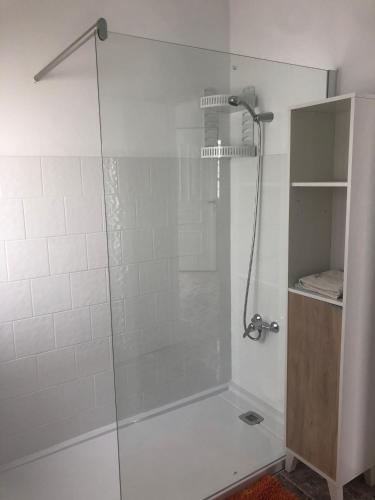 a bathroom with a shower with a glass door at Apartamentos Elena in Lajares