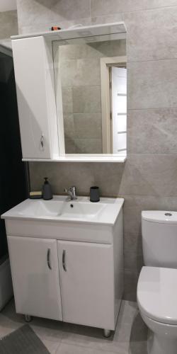 a bathroom with a white sink and a toilet at Апартаменты премиум класса у цирка in Chişinău