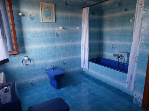 La salle de bains bleue est pourvue de toilettes et d'une baignoire. dans l'établissement La Casa de la Carpintería, à Renedo de Piélagos