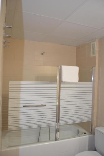 een badkamer met een douche, een bad en een toilet bij Torre de Campanas in Córdoba