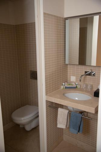 a bathroom with a sink and a toilet and a mirror at Kasteel Huis Bergh in 's-Heerenberg